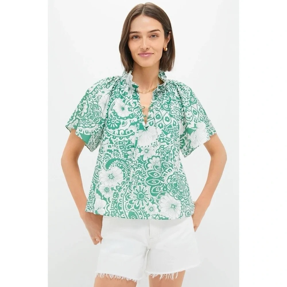 Hyacinth House x Tuckernuck Thea Cotton Poplin Short Sleeve Floral Blouse XS